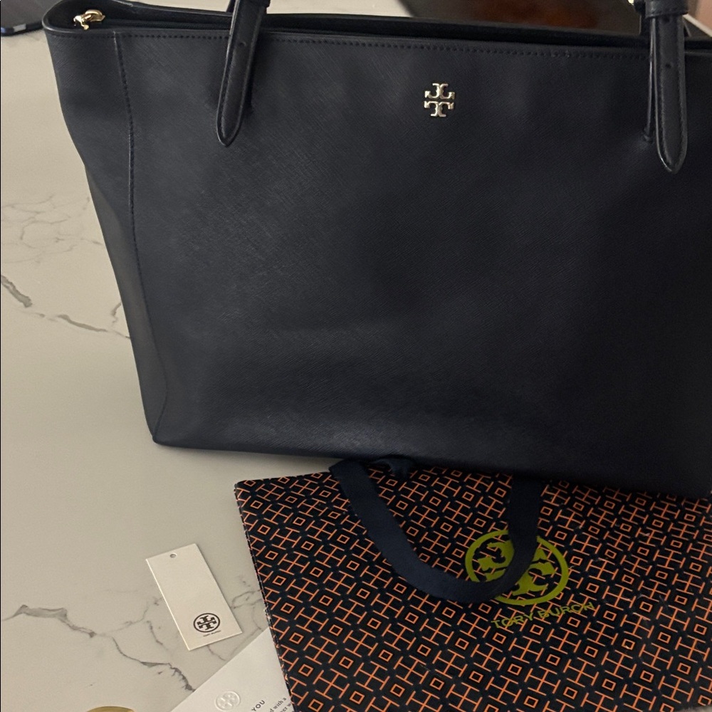 Tory Burch NAVY  Leather Tote with Gold Logo - Picture 6 of 16
